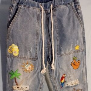 Really Cute Embroidered Patches On Denim Joggers with Drawstring